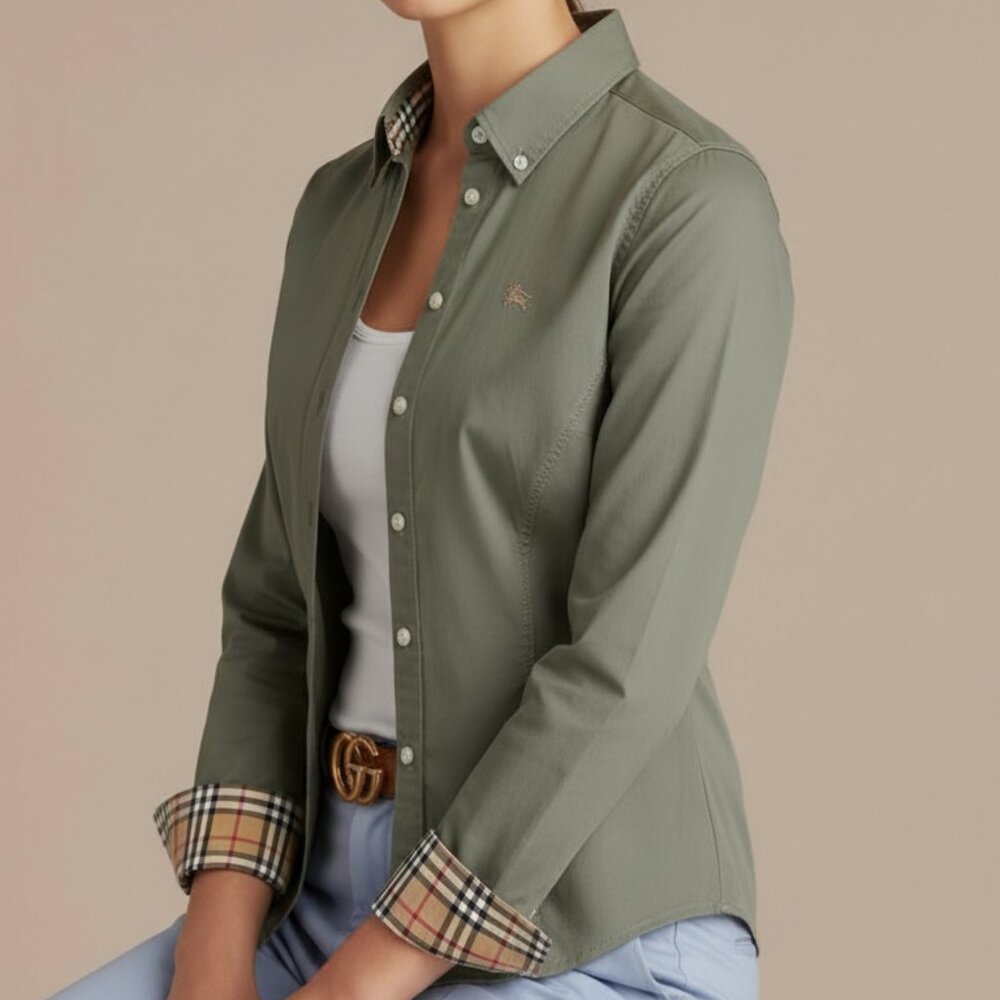 Burberry Army Green Button Down Shirt with Nova Check Trim - Picture 16 of 16